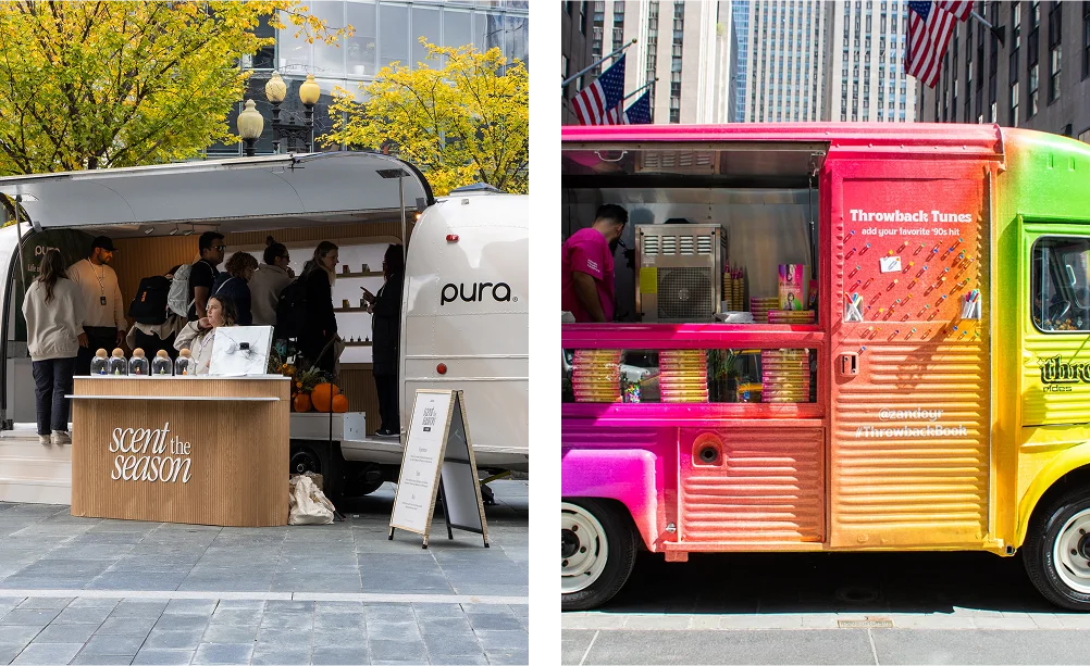 A split image: on the left, people gather at a white, modern scent shop trailer with “scent the season” signage—showcasing Experiential Marketing Strategies; on the right, a vibrant rainbow-colored food truck parked on a city street with American flags in the background.