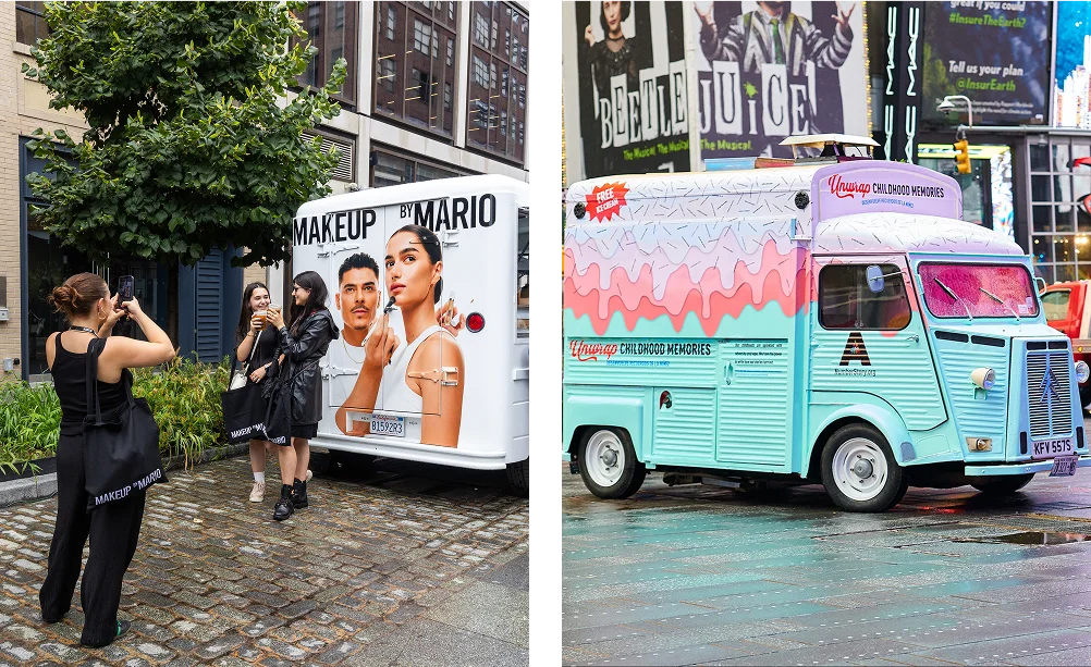 Two photos: left, women pose by a "Makeup by Mario" beauty van—an example of experiential marketing strategies; right, a vintage ice cream truck named "Waggys" decorated with pink and white frosting in a city setting.