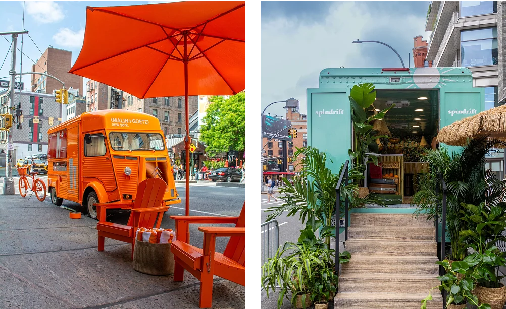 A split image: left side shows an orange food truck with matching chairs and umbrella, illustrating experiential marketing strategies; right side features a teal truck with plants and tropical decor, both parked in vibrant urban settings.