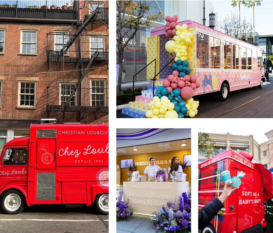 A collage of colorful pop-up trucks showcases Experiential Marketing Strategies: a red Christian Louboutin truck, a pastel pink and yellow truck with balloons, a floral skincare stand, and someone holding ice cream near another red truck.