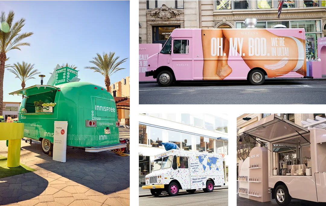 Collage of four colorful beauty product trucks: a green curved trailer, a large pink truck with bold text, a white truck covered in small illustrations, and a sleek white truck with minimalist branding, all parked in city settings.
