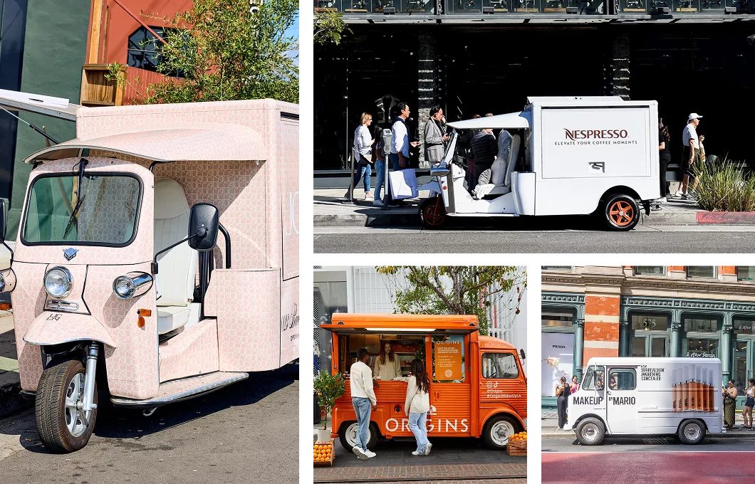 A collage of four photos showing different branded food trucks: a pink truck, a white Nespresso truck with people ordering, an orange Origins truck, and a gray Makeup by Mario truck parked on city streets.
