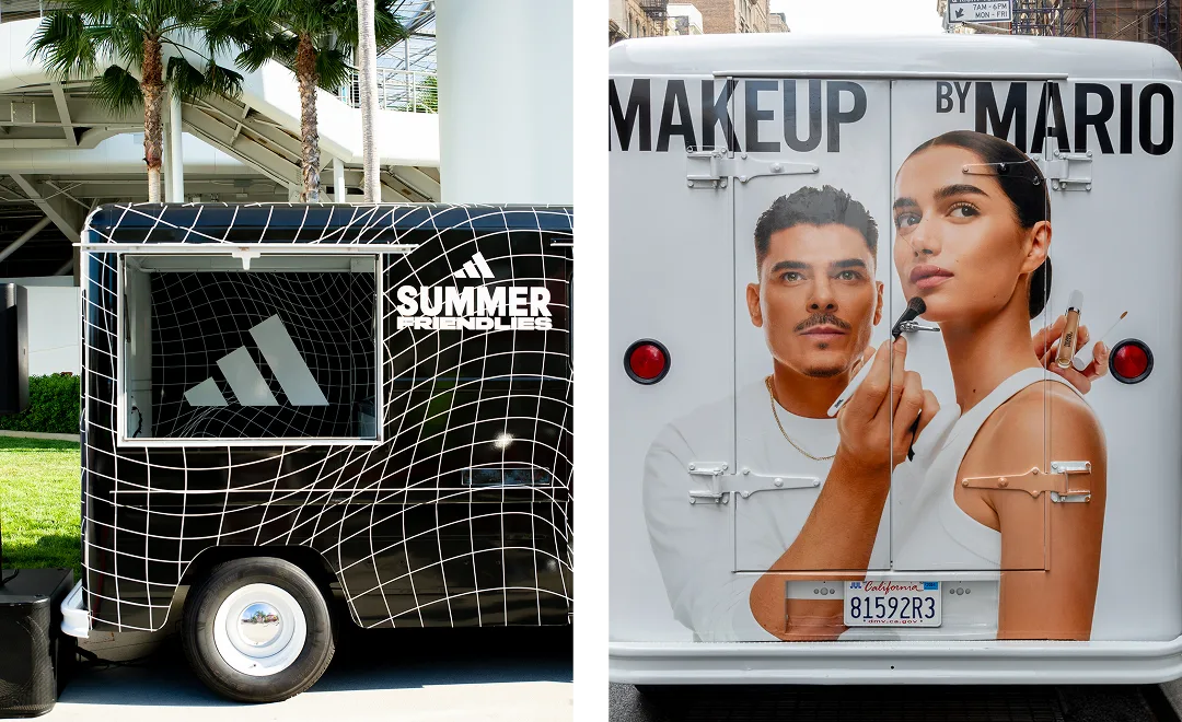 Split image: Left shows a black van with a white Adidas logo and “SUMMER FRIENDLIES” text in front of palm trees. Right shows a van with a makeup ad featuring a man and woman applying makeup, with "MAKEUP BY MARIO" text.
