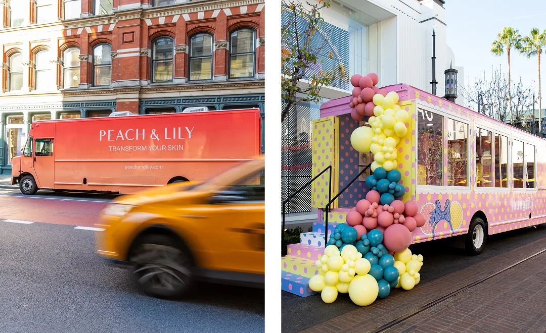 Split image: left side shows a Peach & Lily skincare truck on a city street with a yellow taxi passing by; right side shows a pastel pop-up truck decorated with colorful balloons in front of a modern building.