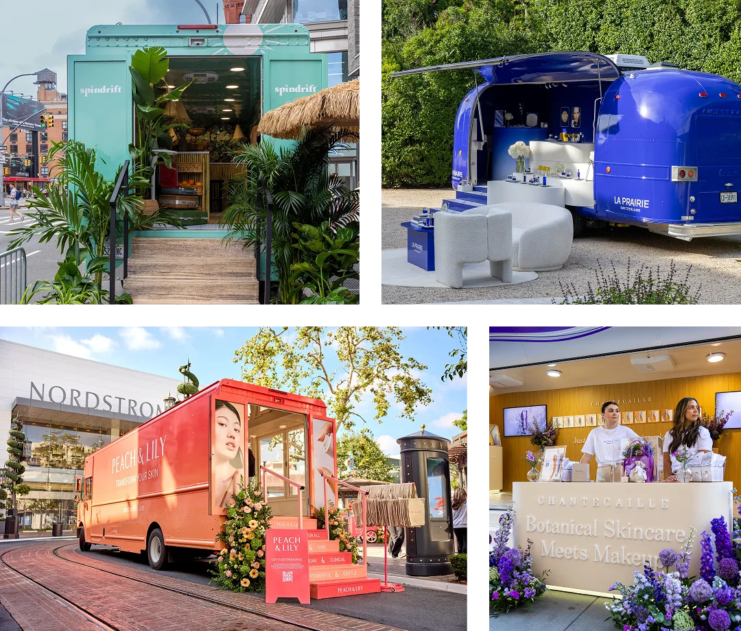 A collage of four photos shows colorful, branded beauty product pop-up trucks and kiosks, each decorated with plants or flowers, set up outdoors and staffed by people to attract customers.