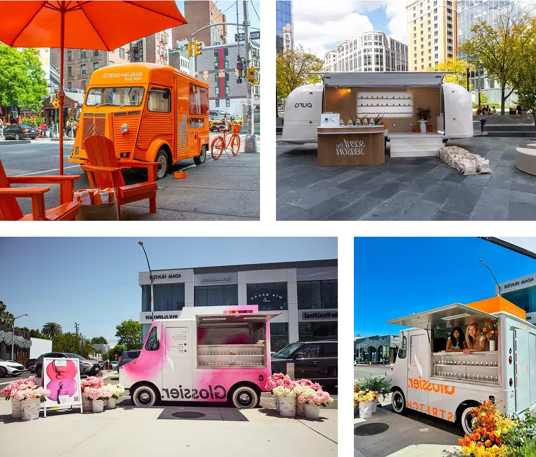 A collage of four colorful and uniquely styled beauty product trucks parked outdoors in urban settings, each decorated with branding and surrounded by displays, flowers, and seating areas.