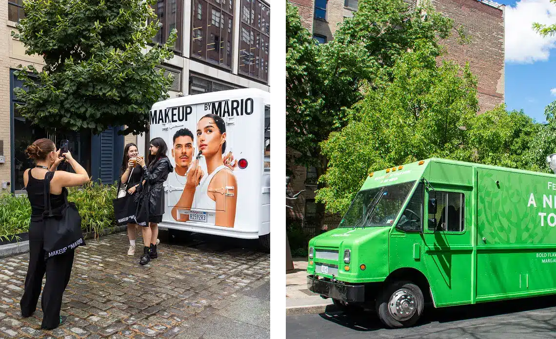 Split image: Left side shows three women taking photos near a white "MAKEUP BY MARIO" truck, part of mobile marketing tours featuring large model portraits. Right side shows a green food truck parked beside a brick building and leafy trees on a sunny day.
