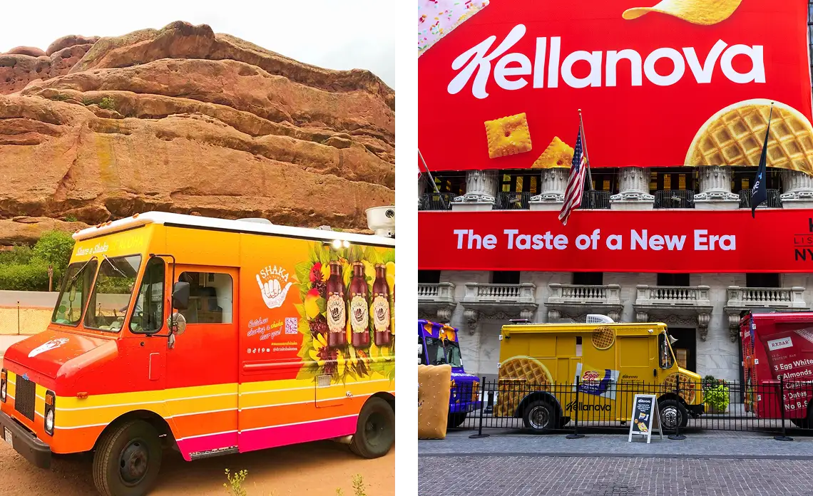 Split image: Left shows a colorful food truck by red rock formations. Right features a bright yellow food truck, part of mobile marketing tours, parked in front of a large Kellanova billboard with snacks and the slogan "The Taste of a New Era.
