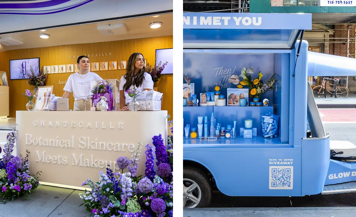A split image shows two promotional skincare booths, part of mobile marketing tours: the left features a cream-colored "Chantecaille" stand with flowers and staff, while the right displays a blue booth with skincare products and a giveaway QR code.