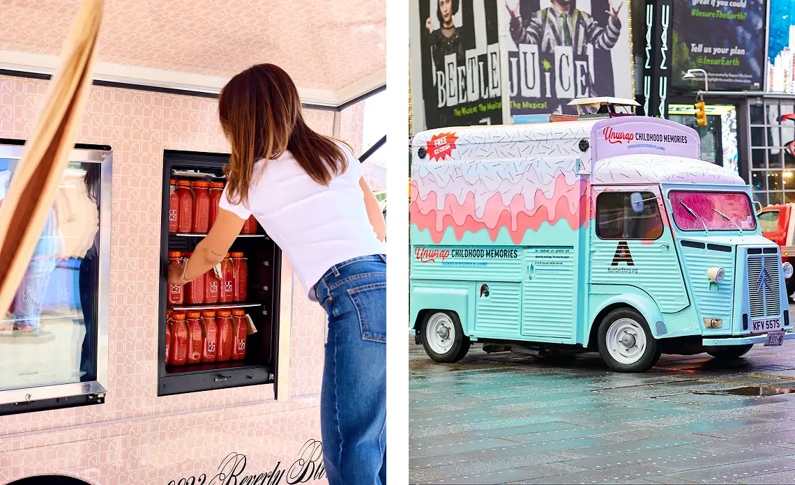 On the left, a woman enjoys a drink from a vending compartment on a pink truck. On the right, a retro ice cream van with pink and blue designs showcases eye-catching style—a perfect example of mobile marketing tours in action.
