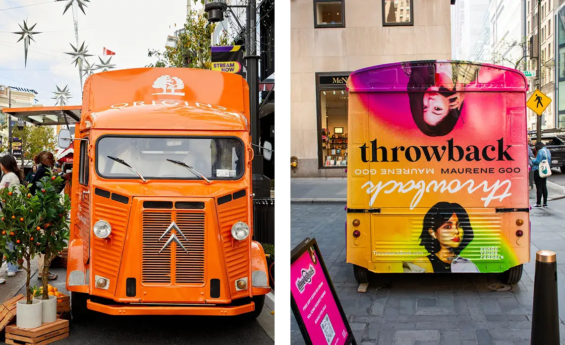 Split image: On the left, an orange vintage Citroën food truck; on the right, a truck with a colorful mural for "Throwback" by Maurene Goo—an eye-catching example of mobile marketing tours featuring two women and bold text.