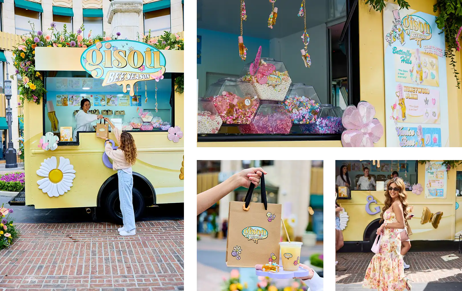 A collage shows a pastel yellow experiential vehicle—a Qisoli ice cream truck with flower decorations—close-ups of colorful candies, a branded paper bag and drink, and a woman in a flowy skirt holding her order.