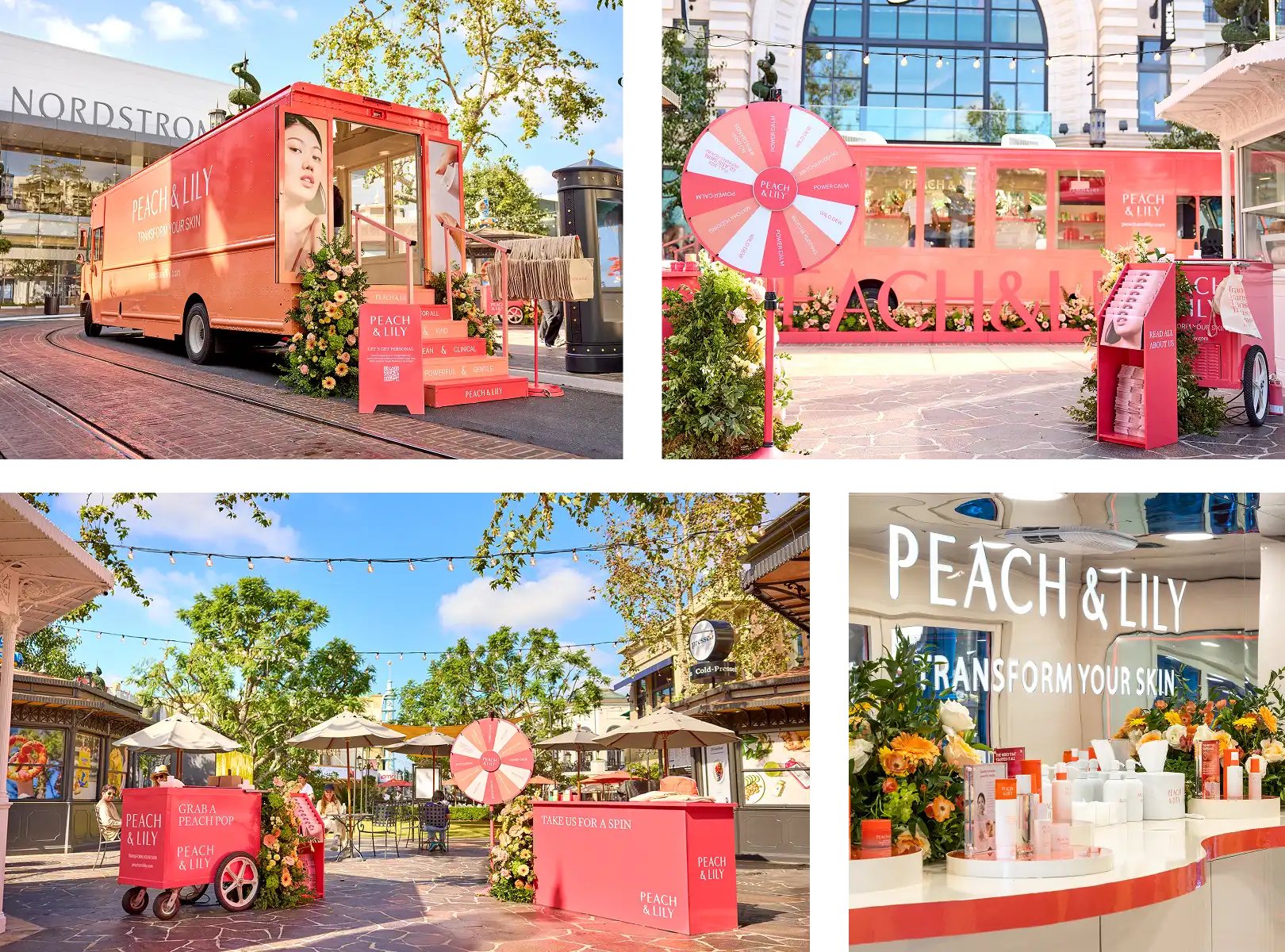 A bright Peach & Lily skincare pop-up featuring experiential vehicles like a peach-colored truck, product displays, a spinning prize wheel, and a "Transform Your Skin" sign, set outdoors near Nordstrom and patio seating.