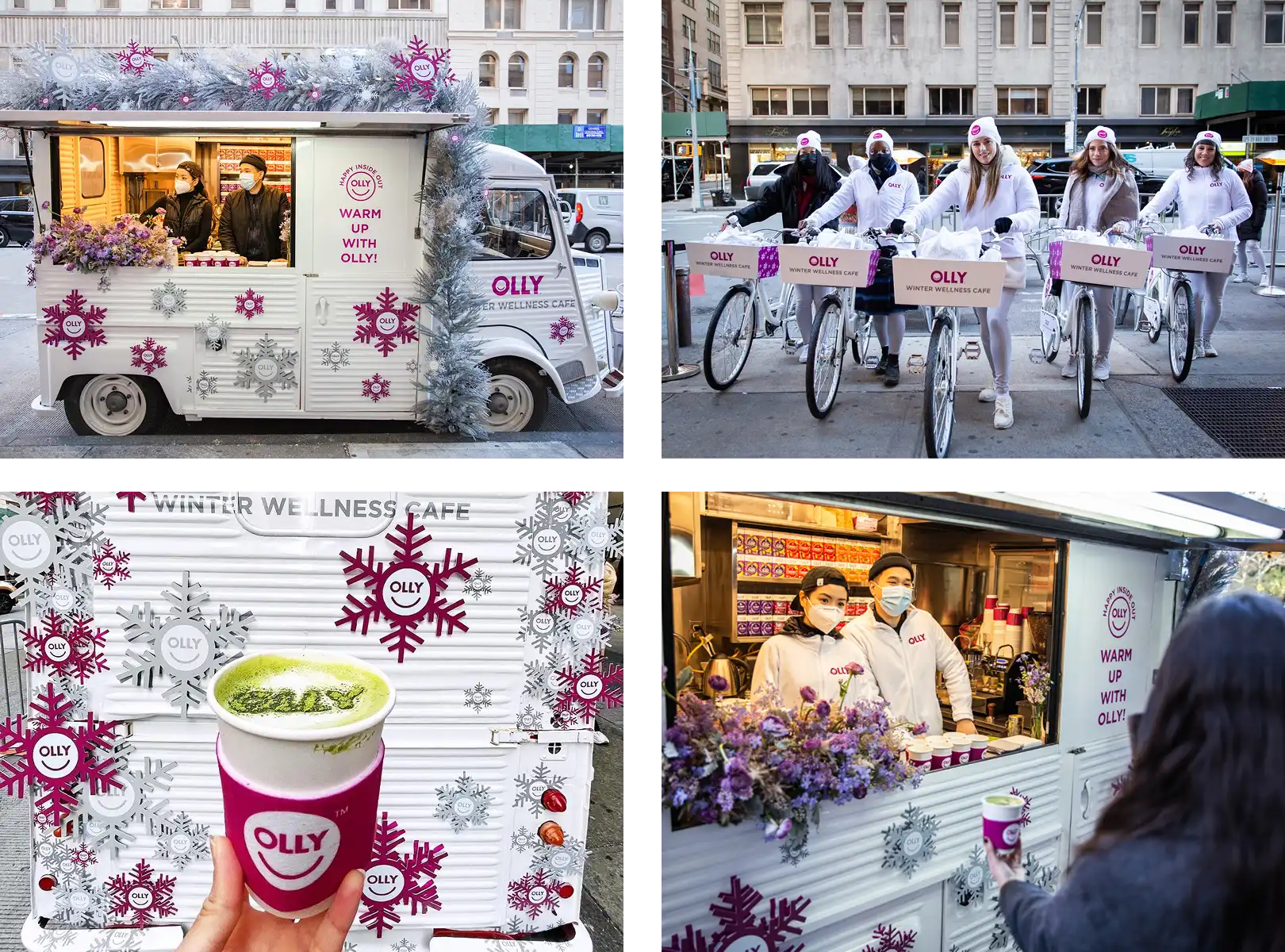 A festive Olly-branded food truck and experiential vehicles, adorned with winter and snowflake motifs, serve drinks to people in a city setting. Staff wear white outfits and masks, holding branded cups with green-topped beverages.