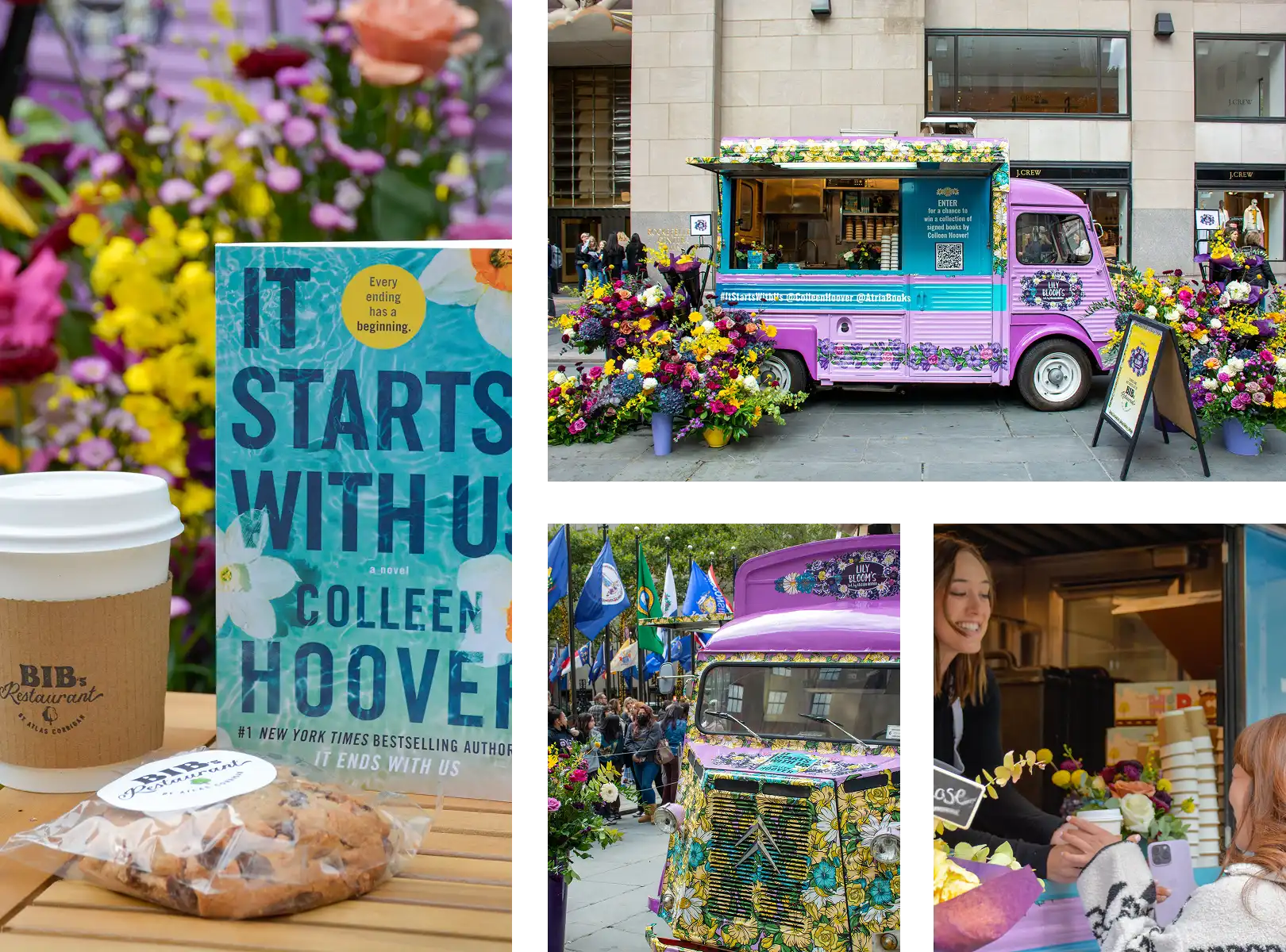 A collage features a purple and yellow flower-adorned experiential vehicle food truck, Colleen Hoover's "It Starts With Us," a coffee cup and cookie, and a woman handing out flowers from the truck.