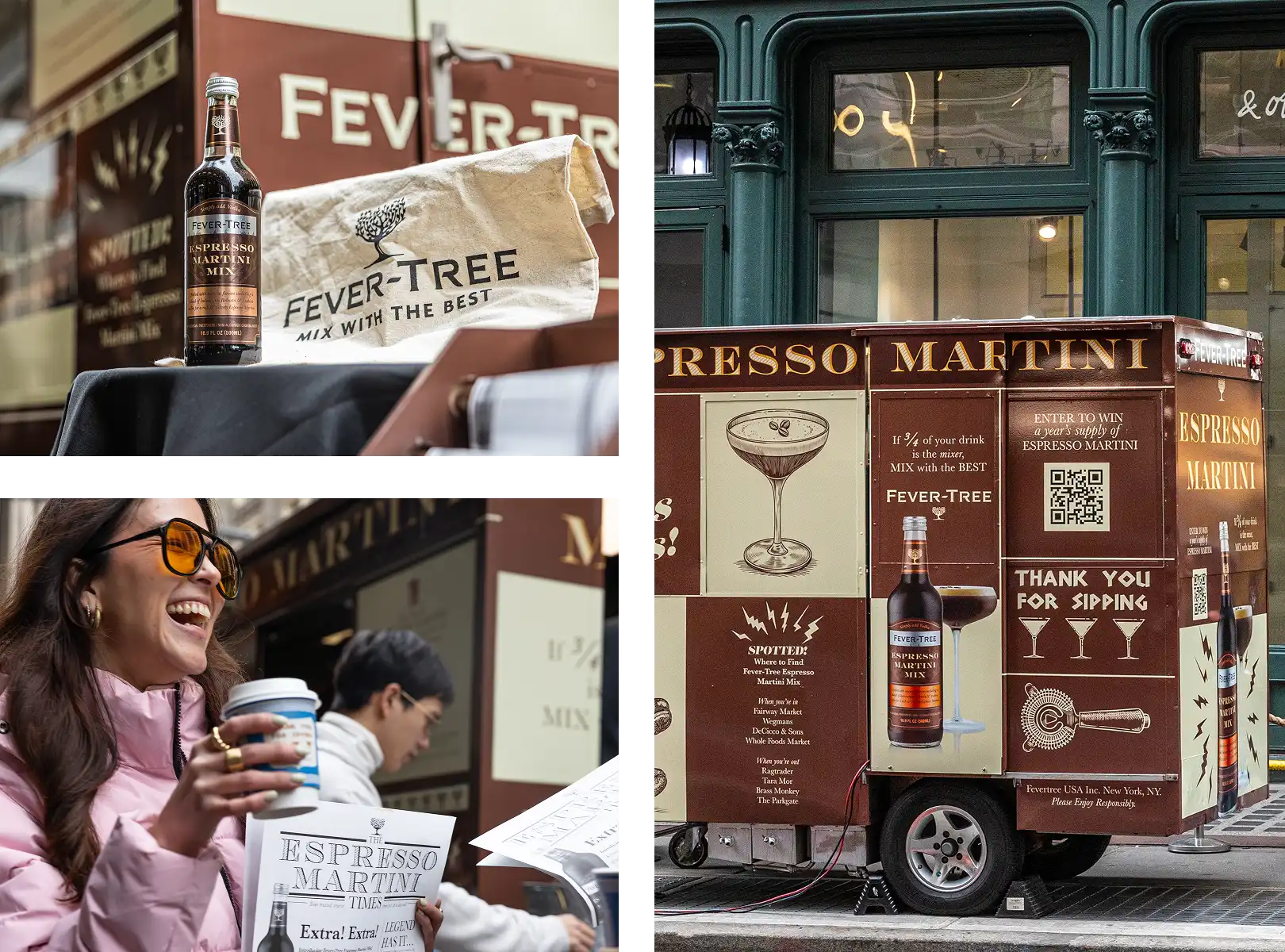 Collage showing a Fever-Tree branded cart—one of their unique experiential vehicles—serving espresso martinis, a close-up of a Fever-Tree bottle and napkin, and a smiling woman holding coffee cups near the cart on a city street.