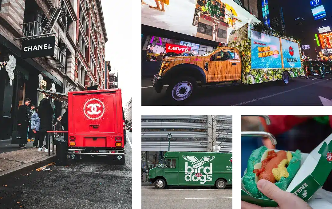 A collage of mobile marketing vehicles: a red Chanel truck on a city street, a colorful wildlife ad truck, a green Bird Dogs truck, and a close-up of a hand holding a hot dog in branded paper.
