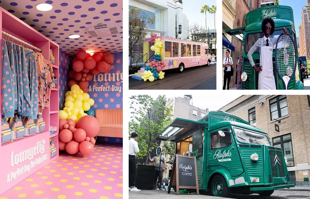 A collage featuring vibrant mobile marketing vehicles: a pink polka-dot lounge with balloons, a pink and yellow decorated bus, a vintage green coffee truck, and a smiling barista in a white apron standing in front of the truck.