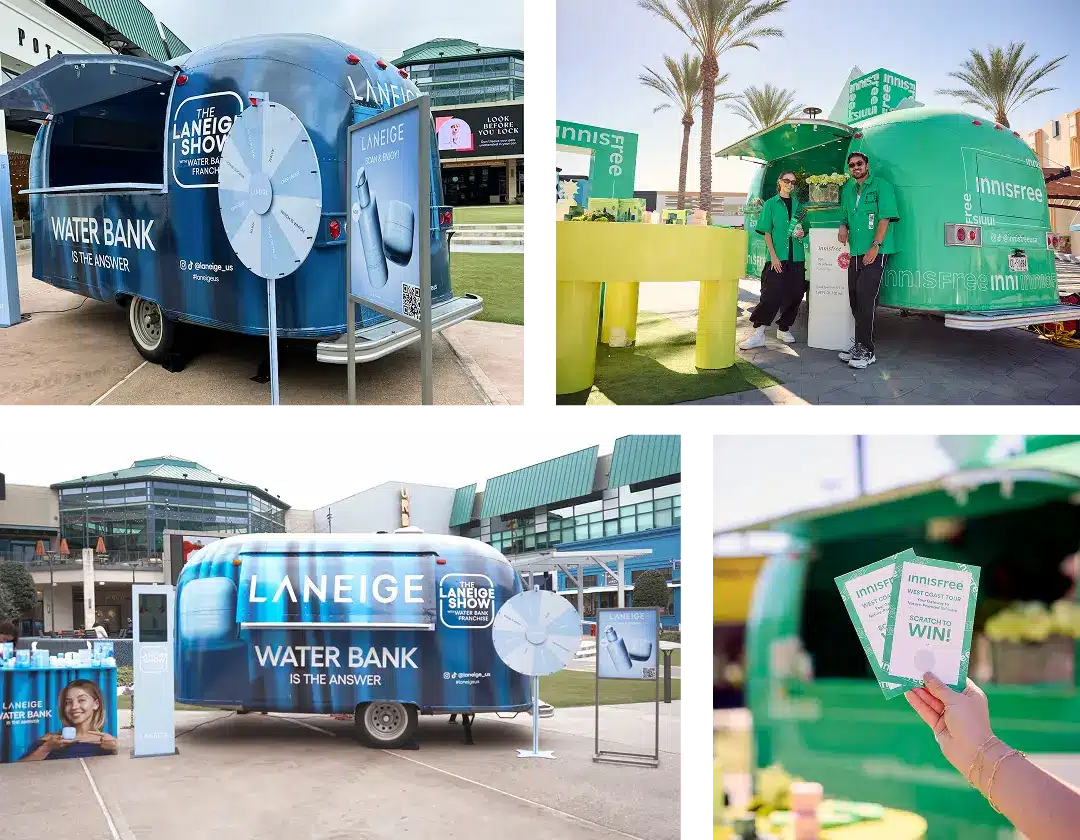 Collage showing two colorful mobile marketing vehicles—one blue for Laneige and one green for Innisfree—at an outdoor event with staff, product displays, and promotional signs in a plaza setting.