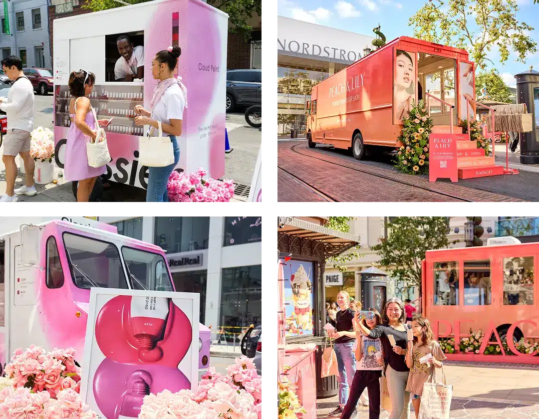 A collage of four photos showing pink and orange mobile marketing vehicles, displays with flowers, and people interacting, smiling, and posing for photos at an outdoor event near stores like Nordstrom.