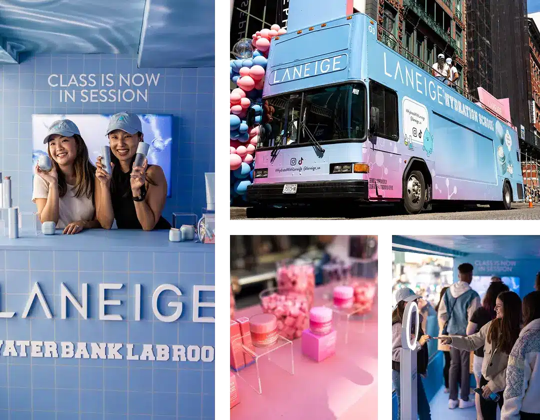 A collage shows a blue LANEIGE pop-up truck, two women smiling at a blue booth with LANEIGE products, pink skincare jars on display, and people engaging with the mobile marketing vehicles and a ring light.