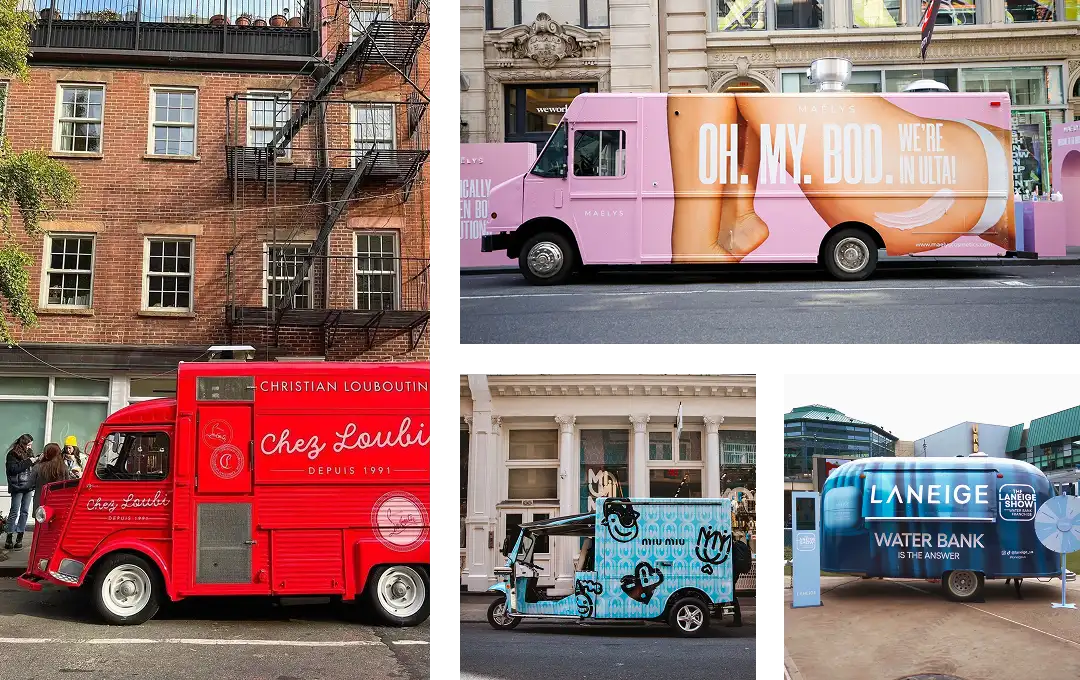 A collage of five experiential marketing trucks parked on city streets, featuring vibrant colors and logos, including a red Christian Louboutin truck and a silver Laneige Water Bank van.