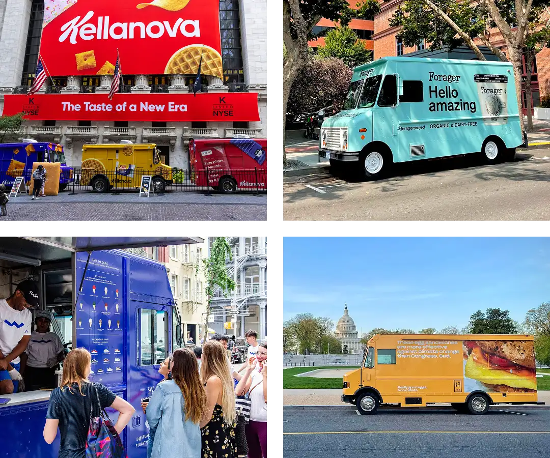 A collage of four experiential marketing trucks parked in various city locations, including one in front of the U.S. Capitol, with people lining up and colorful branding on each truck.