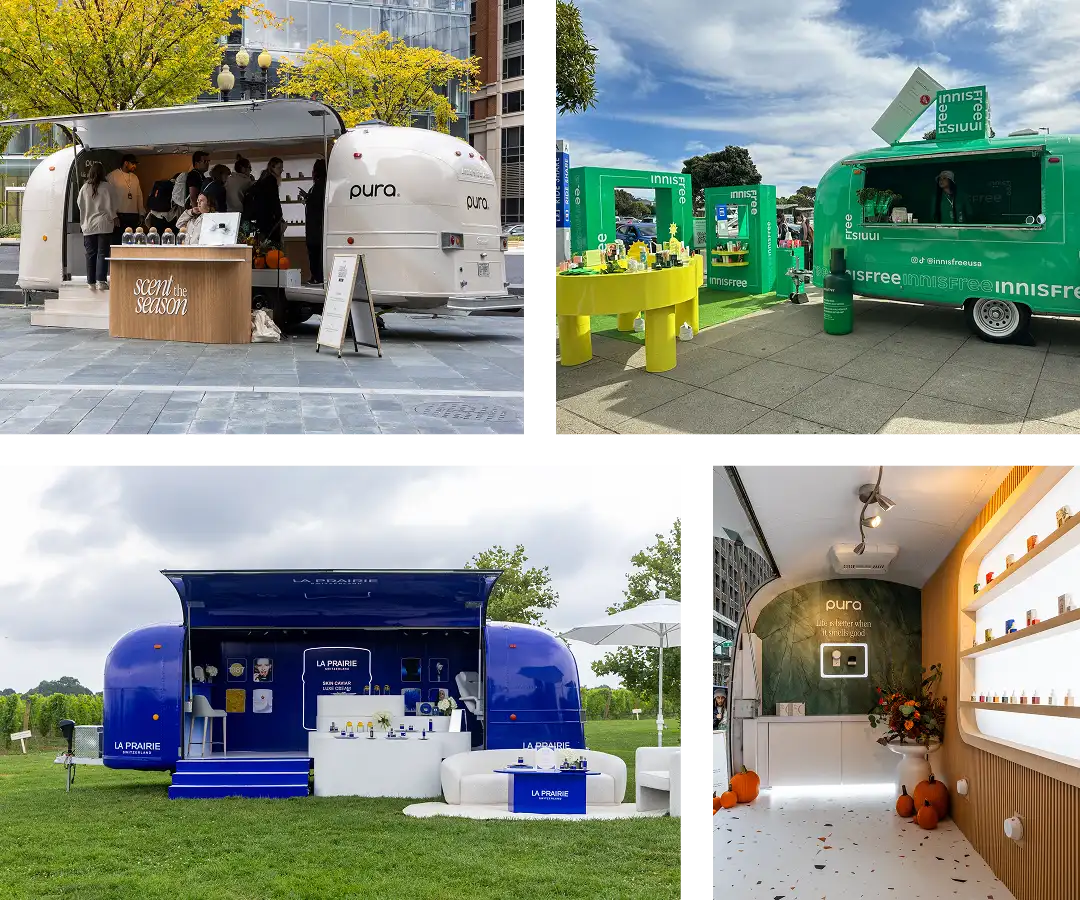 A collage of four colorful experiential marketing trucks, each in a uniquely designed trailer, set up outdoors and indoors, showcasing various products and engaging with visitors.