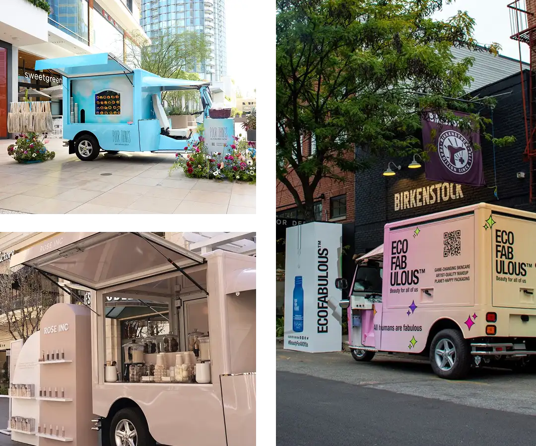 A collage of three experiential marketing trucks: a blue truck on a city sidewalk, a pink truck displaying cosmetics, and a light pink “ECO FABULOUS” truck parked near a Birkenstock store.