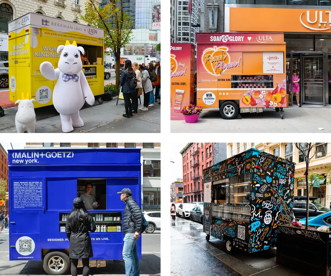 A collage of four colorful experiential marketing trucks on city streets, each branded with different company logos. People interact with the trucks, and one features a large white mascot bear.