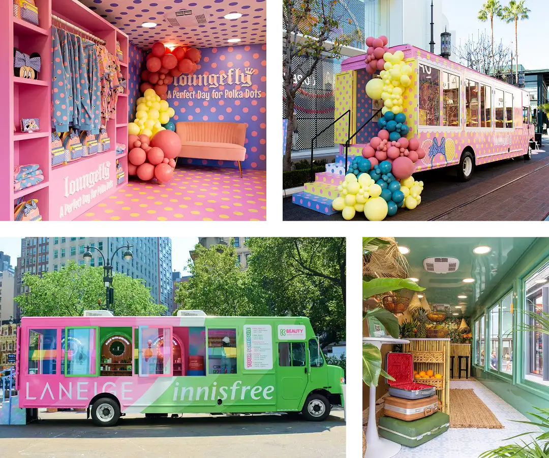 A collage showing colorful pop-up shops: a pink polka dot room with merch, two experiential marketing trucks with balloons parked outdoors, and a cozy shop interior with shelves of products and flowers.