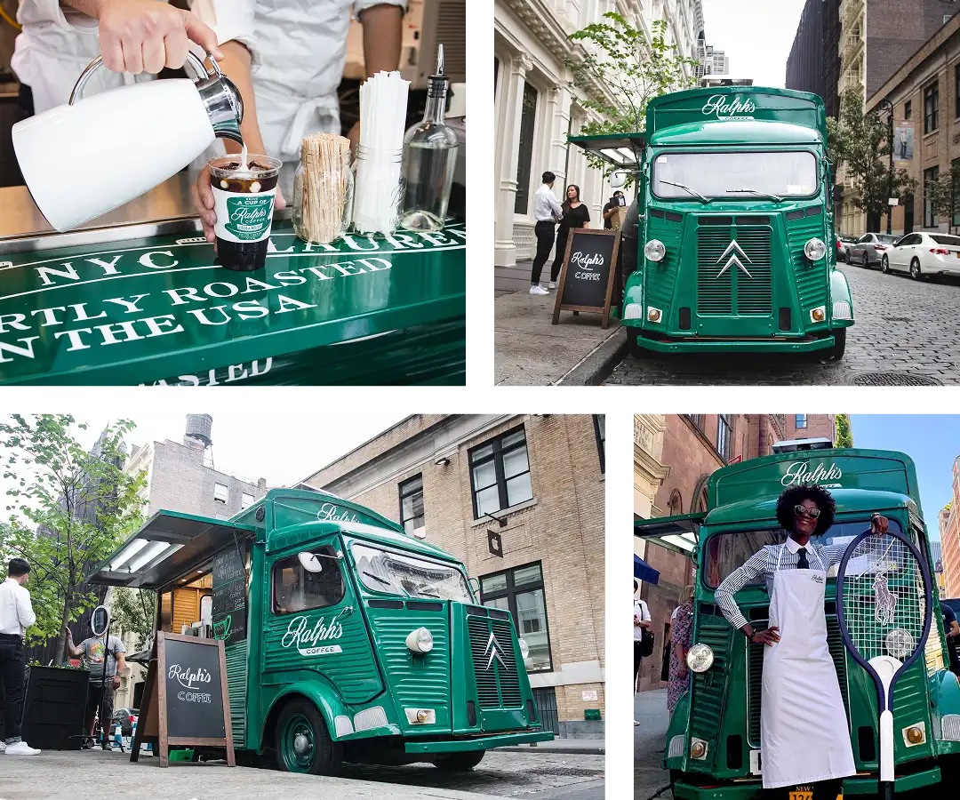 A collage shows a vintage green Ralph’s Coffee experiential marketing truck serving coffee on city streets, with a barista pouring milk, the truck parked curbside, and a staff member in an apron holding a giant tennis racket.