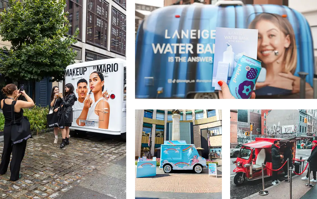 A collage of city scenes with experiential marketing trucks: people pose by a Makeup by Mario van, Laneige Water Bank promo items shown, a colorful van in a square, a tuk-tuk, and a small crowd outside a pop-up event.