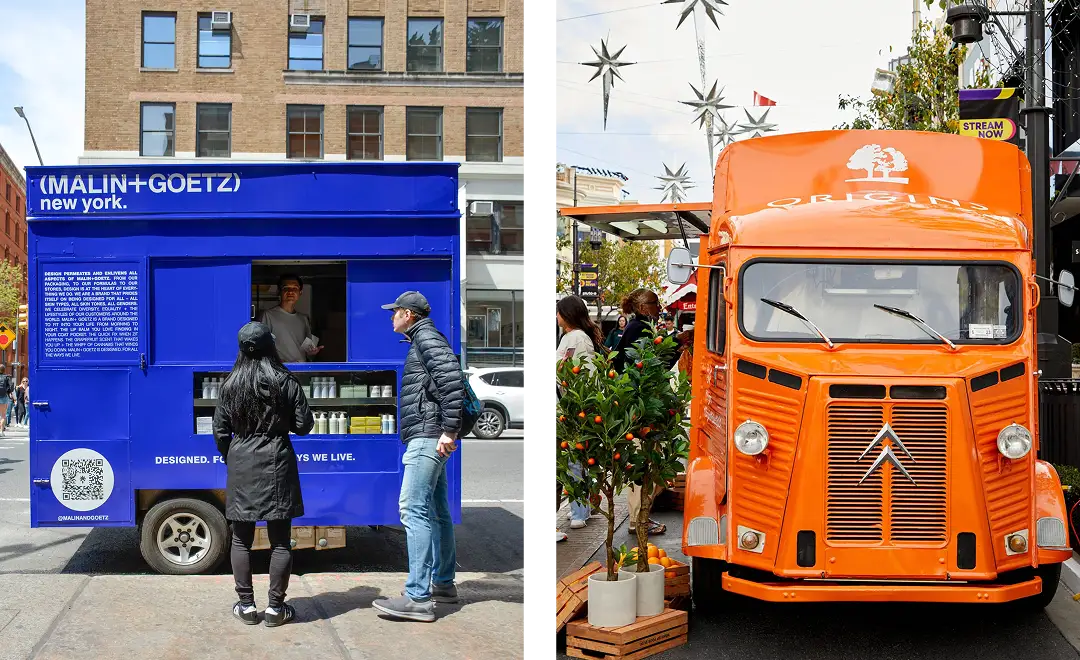A split image showcases event marketing vehicles: on the left, a blue MALIN+GOETZ food truck with two people ordering; on the right, an orange Origins truck parked in a lively outdoor setting with plants and hanging decorations.