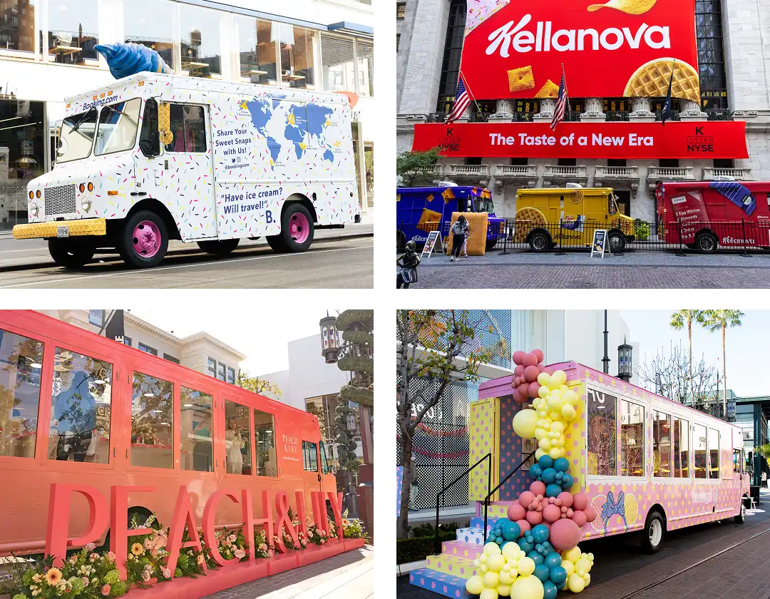 A collage of four colorful event marketing vehicles, including food trucks and carts, each uniquely decorated with vibrant designs like maps, balloons, and large signs, parked in urban outdoor settings with people and buildings nearby.