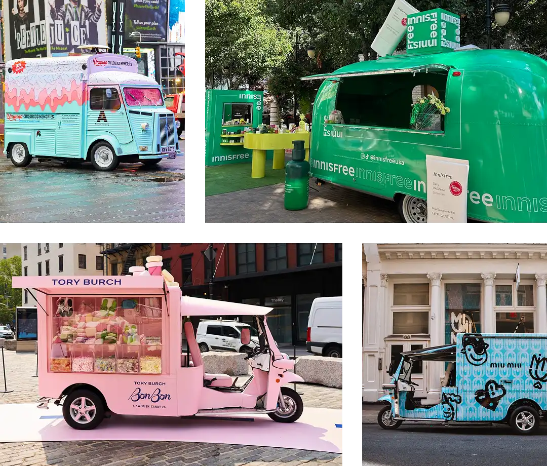 A collage of four colorful event marketing vehicles, including pop-up trucks and carts, each uniquely decorated and branded for different companies, parked outdoors in urban settings and offering products or samples to passersby.