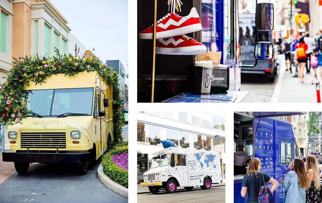 A collage shows four food trucks: a yellow one covered in flowers, a blue one with people ordering, a white one with world map graphics, and a close-up of red sneakers hanging by a truck.