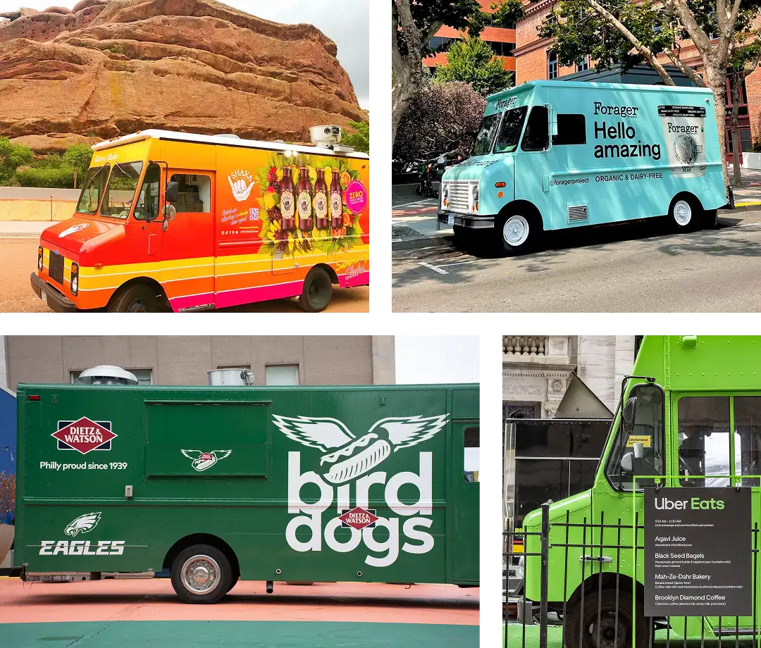 A collage of four colorful food trucks: red and yellow, blue, green with "bird dogs," and dark green with "Uber Eats" branding, parked outdoors in various city and park settings.
