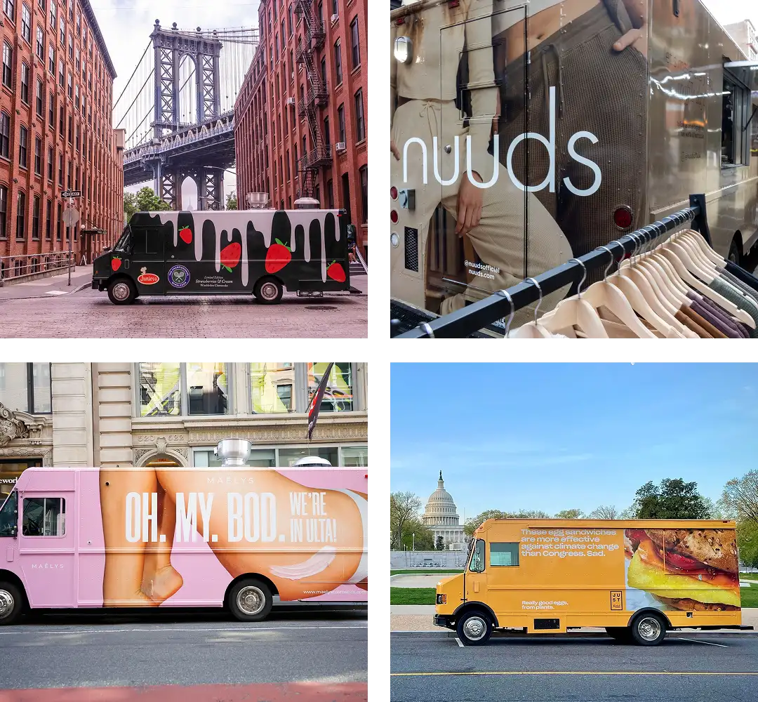 A collage of four images shows branded trucks: one in a city street with the Manhattan Bridge, one with clothing in a display window, a pink truck with "OH. MY. BOD. WE'RE IN ULTA!" text, and a yellow truck by the U.S. Capitol.
