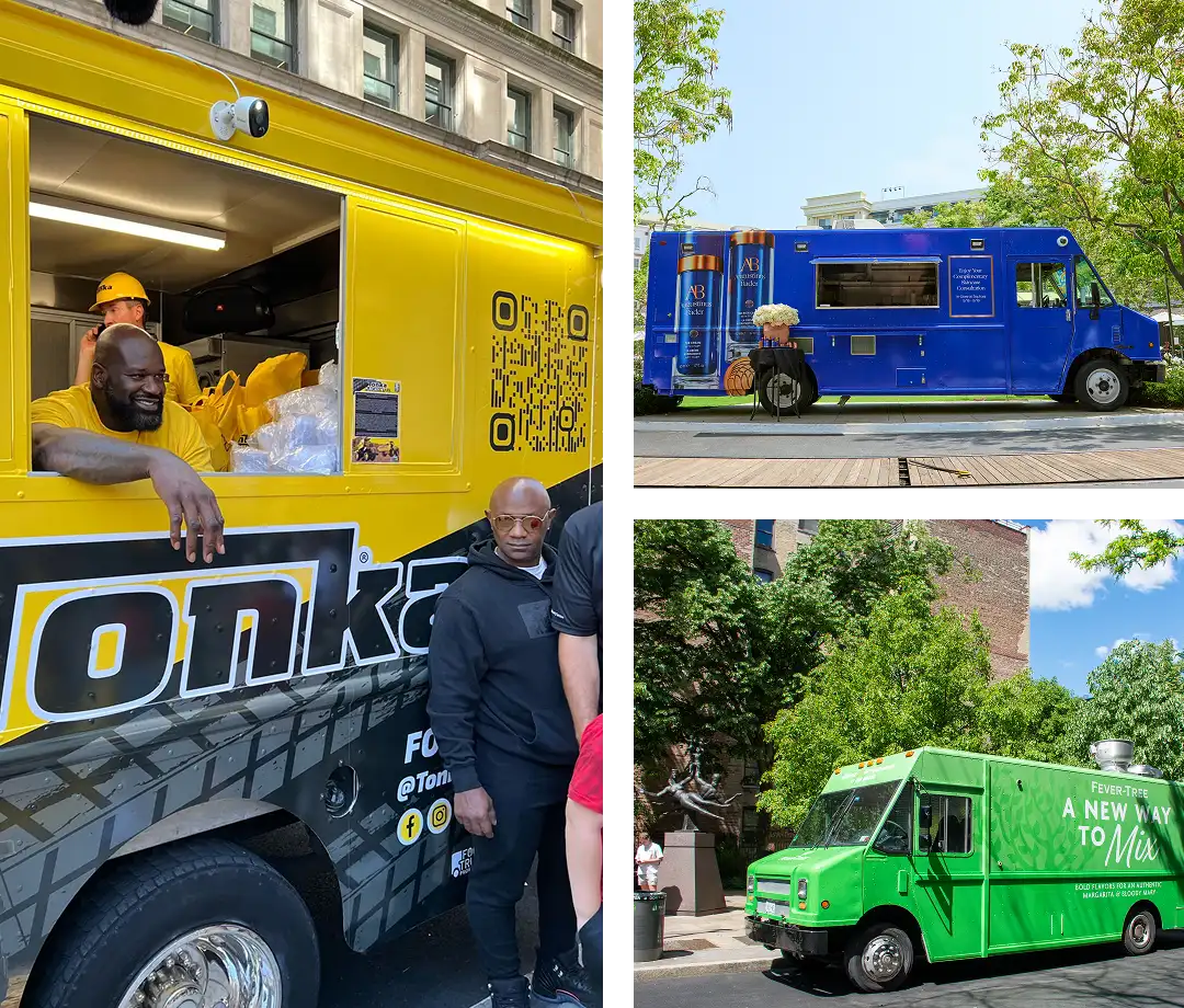 A collage shows three colorful food trucks: a yellow truck with people inside serving food, a blue truck with flowers in the window, and a green truck parked near a brick building and trees.