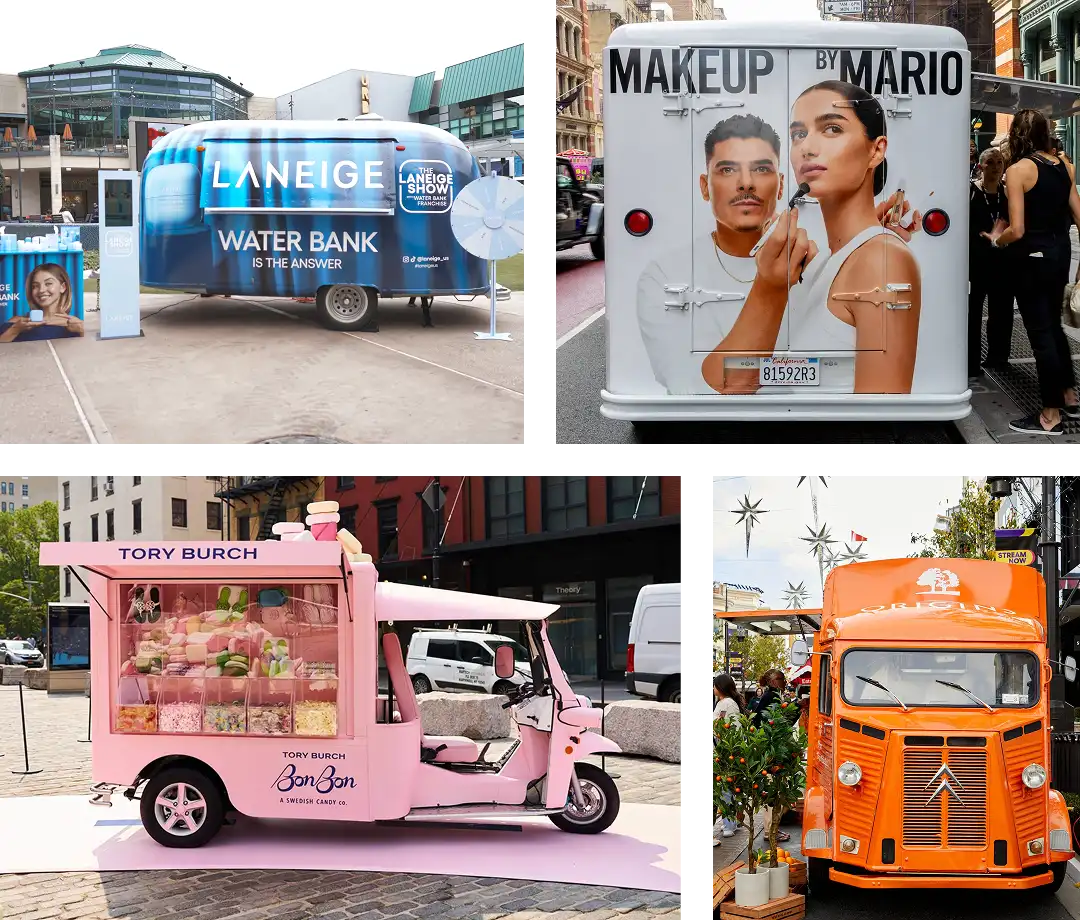A collage of four colorful branded trucks: Laneige Water Bank in blue, Makeup by Mario in white, Tory Burch BonBon in pink, and an orange truck, all set up for promotional events in urban outdoor locations.