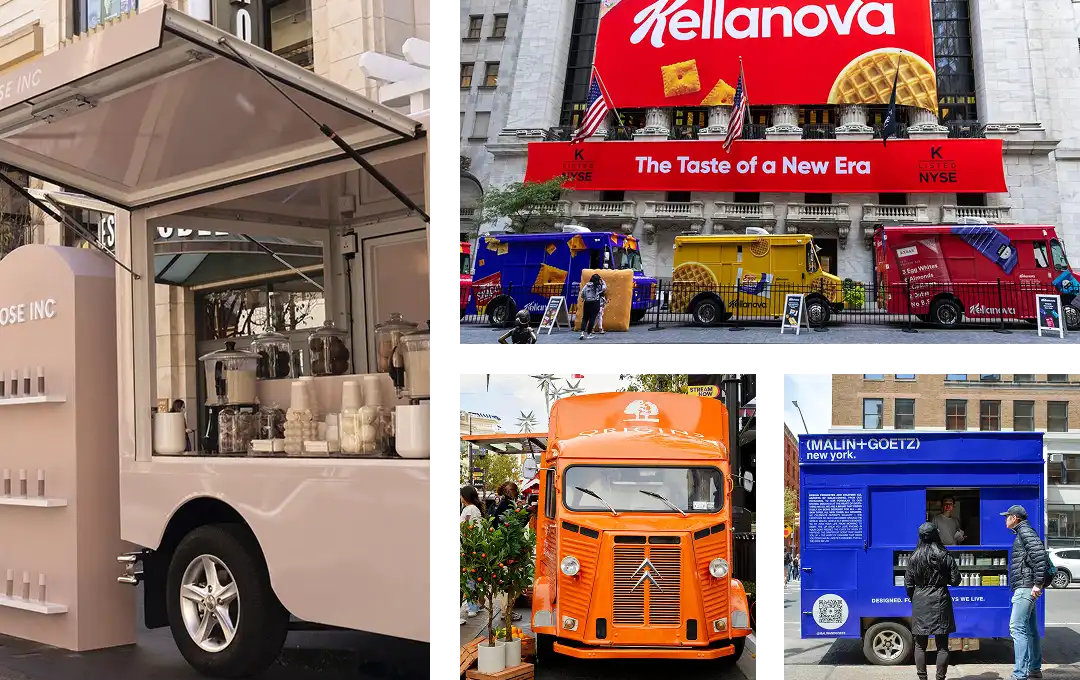 Collage of food trucks, including a beige coffee truck, three colorful trucks (red, yellow, blue) parked near a Kellanova sign, an orange truck, and a blue MALIN+GOETZ truck in urban settings.
