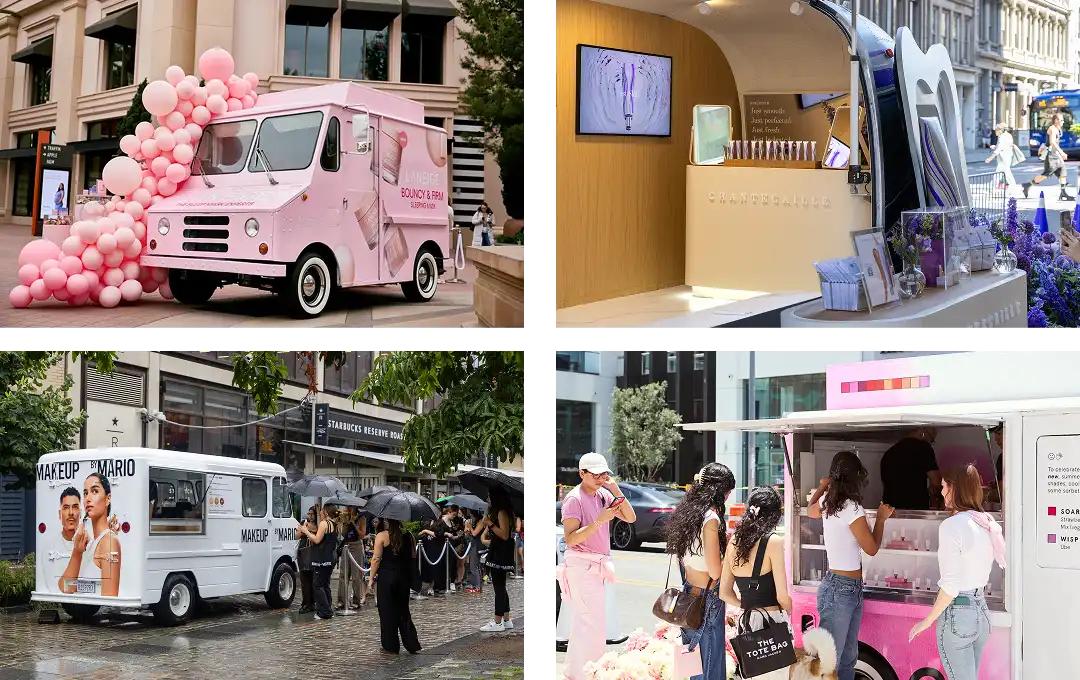 A collage of four beauty-brand trucks at outdoor events: a pink truck with balloons, a cream truck with a digital screen, a black-and-white truck in the rain, and a white truck with people lining up outside.