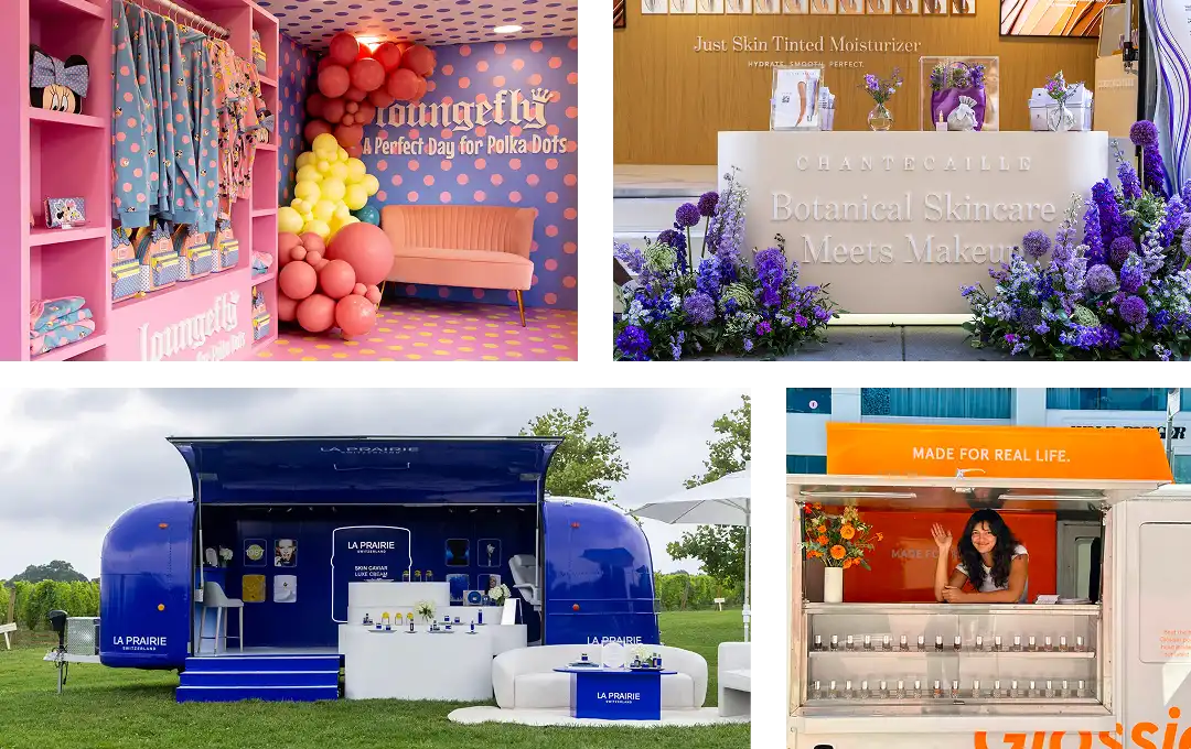A collage of four colorful, branded pop-up shop displays, each showcasing products such as skincare, bags, and makeup in vibrant, inviting setups with decorative props and product arrangements.