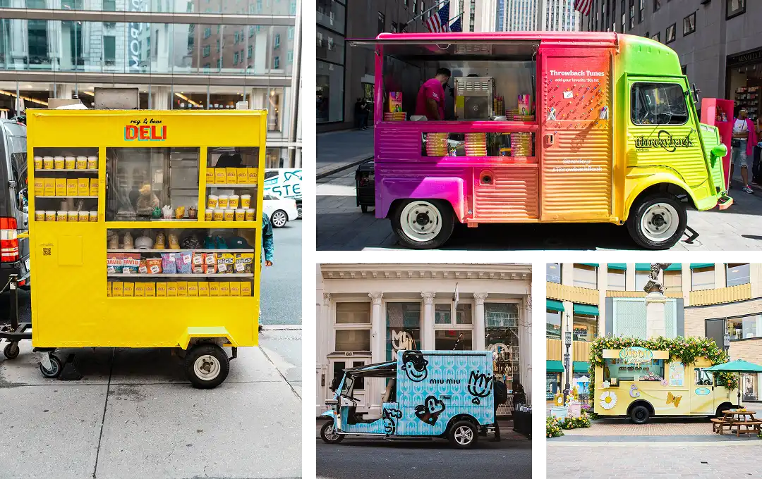 A collage of four colorful food trucks, each uniquely decorated: bright yellow, pink and yellow ombre, blue with black doodles, and cream with yellow flowers, parked on city streets.