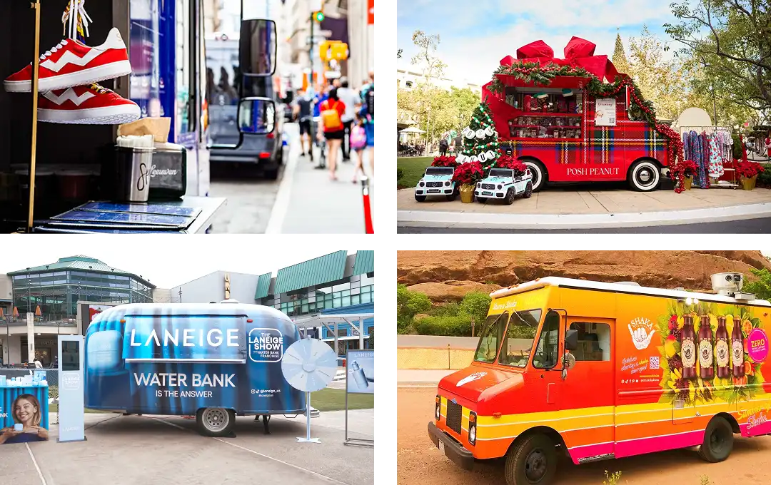 A collage of four colorful branded trucks: a red sneaker-themed truck, a red floral-decorated truck, a blue skincare promo truck, and a yellow snack truck, each set in different outdoor locations.