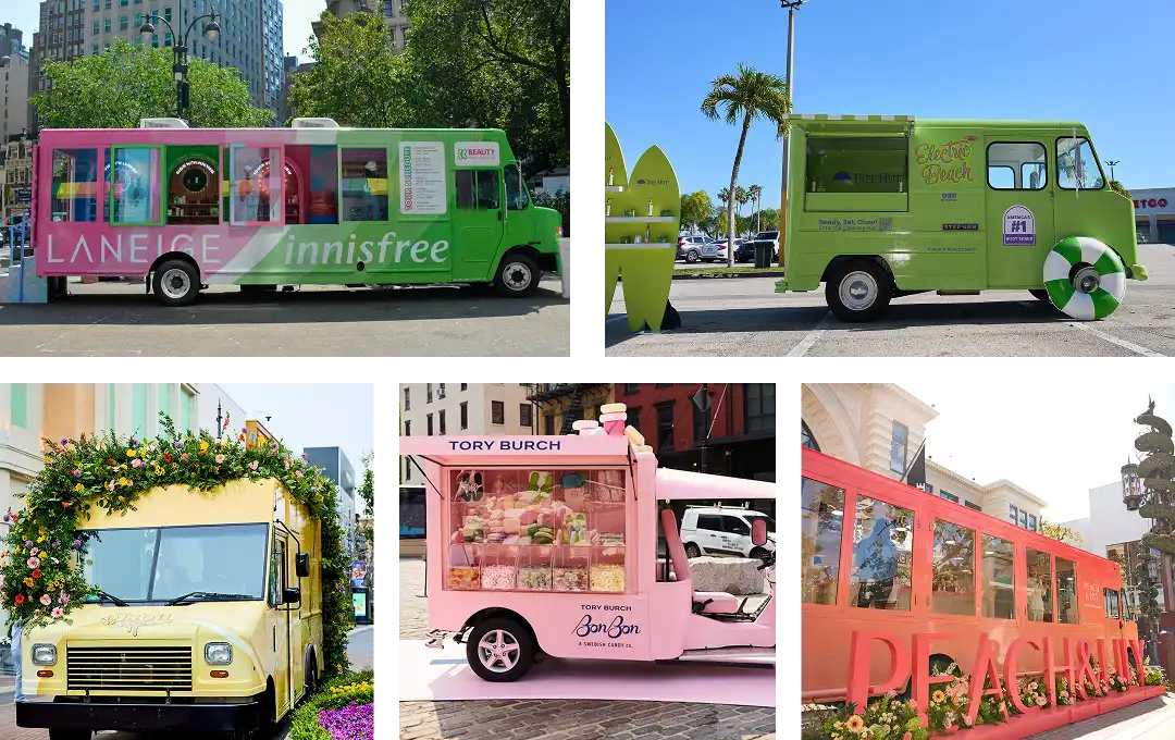A collage of five colorful branded trucks, each uniquely decorated with bright colors, flowers, surfboards, or large lettering, parked outdoors in different city and tropical locations.