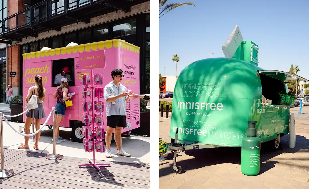 Split image: On the left, people stand near a bright pink skincare pop-up truck labeled "peach slices." On the right, a green "innisfree" skincare trailer is parked outside, with palm trees and products displayed.