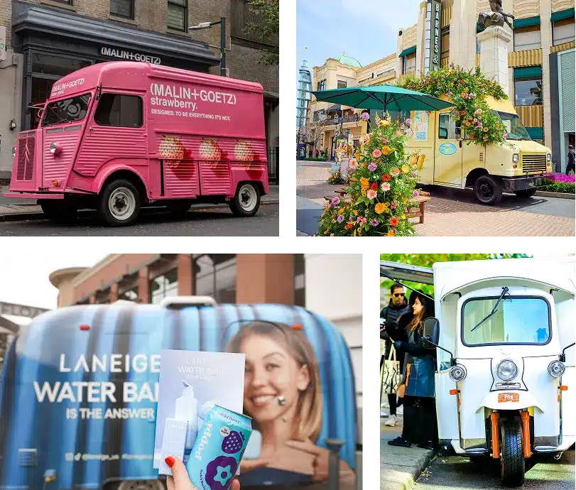 A collage of four colorful trucks and vans, each decorated or branded uniquely: a pink Malin+Goetz van, a yellow floral-covered truck, a blue Laneige truck, and a white three-wheeled vehicle at a street event.