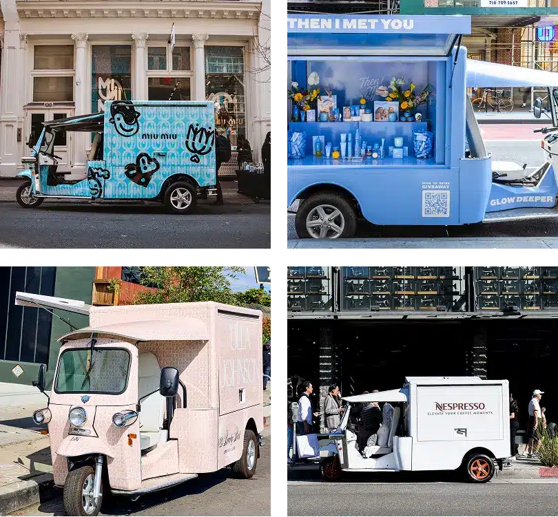 Collage of four colorful branded food trucks parked on city streets, each uniquely designed and advertising different products, including drinks, skincare, and coffee, with people visible near some of the trucks.